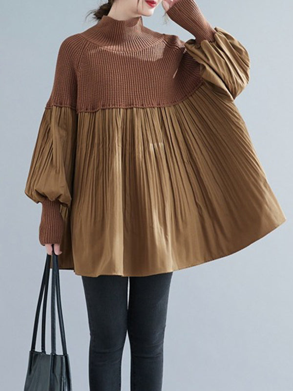 xakxx Long Sleeves Loose Pleated Split-Joint High Neck Sweater Tops