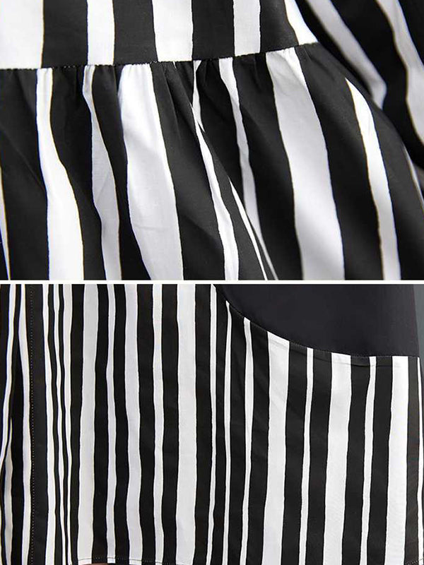 xakxx Long Sleeves Loose Buttoned Split-Joint Striped Mock Neck Midi Dresses