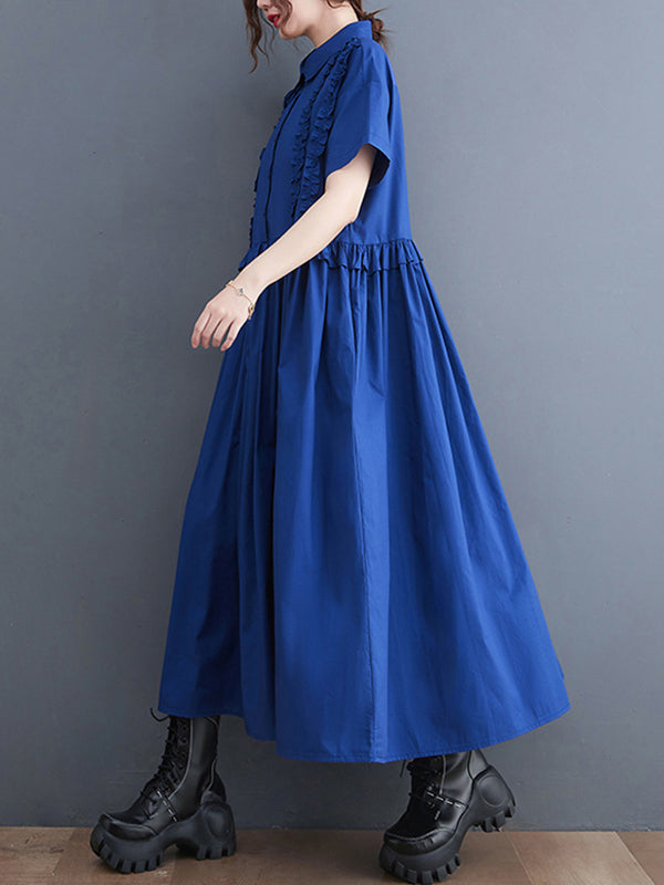 xakxx Simple Short Sleeves Loose Buttoned Falbala Split-Joint Solid Color Midi Shirt Dress