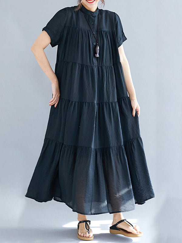 xakxx Vintage Loose Split-Joint Pleated Short Sleeves Round-Neck Midi Dress