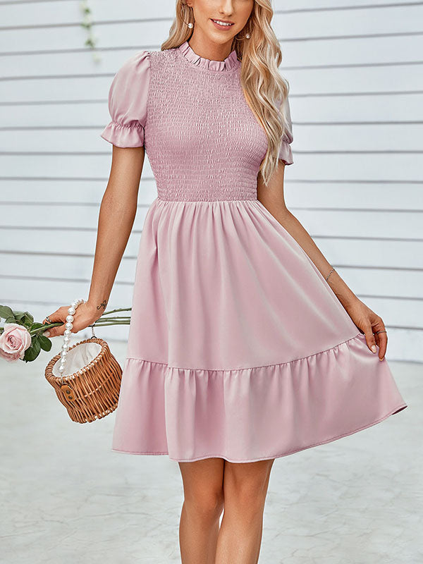xakxx A-Line Loose Elasticity Pleated Solid Color Stand Collar Mini Dresses