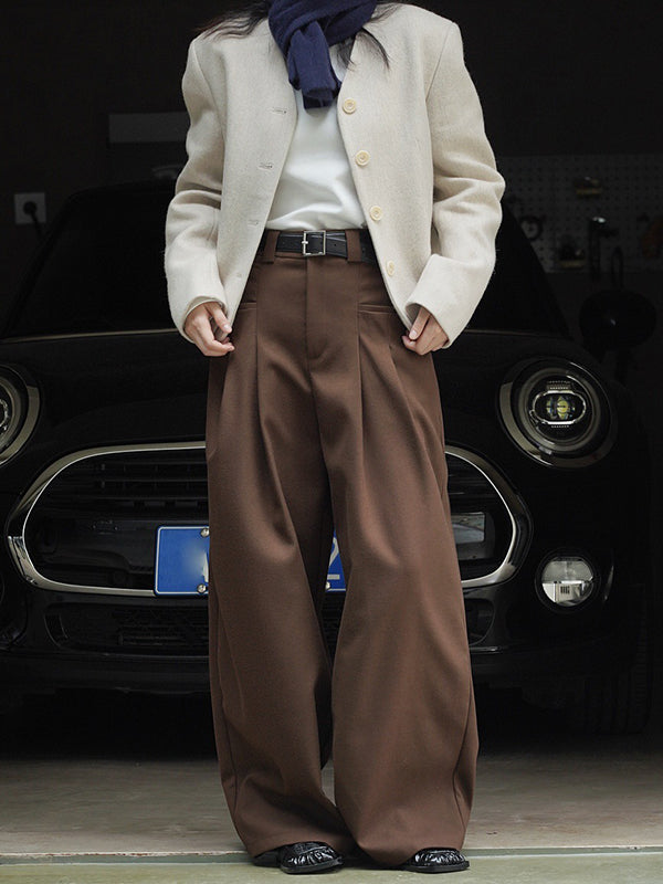 xakxx Loose Pleated Solid Color Wide Leg Pants Bottoms