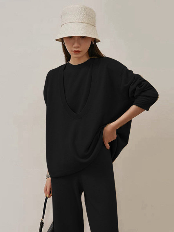 xakxx xakxx-Urban Loose Solid Round-Neck Vest Top& V-Neck Sweater Tops& Wide Leg Pants Three-Piece Set