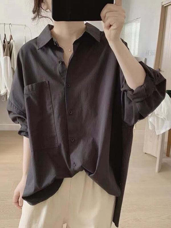 xakxx Casual Long Sleeves Loose Buttoned Solid Color Lapel Collar Blouses&Shirts Tops