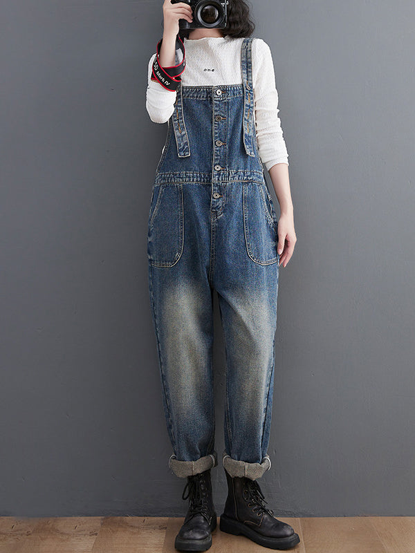 xakxx Artistic Retro Loose Solid Color Denim Overalls