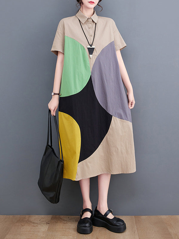 xakxx Loose Oversize Color-Block Contrast Color Split-Joint Lapel Midi Dresses Shirt Dress