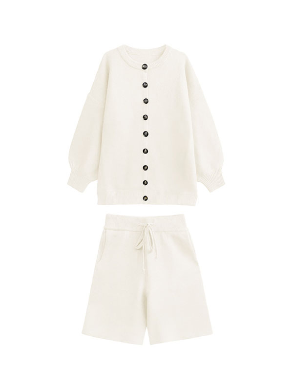xakxx Long Sleeves Loose Buttoned Round-Neck Sweater Top + Drawstring Shorts Bottom Two Pieces Set