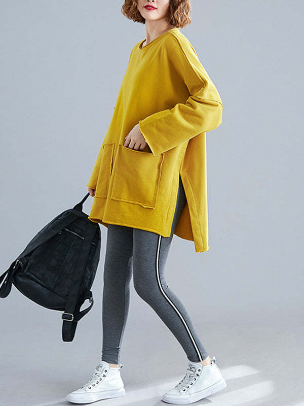 xakxx High-Low Long Sleeves Pockets Solid Color Split-Joint Split-Side Round-Neck Sweatshirt Tops