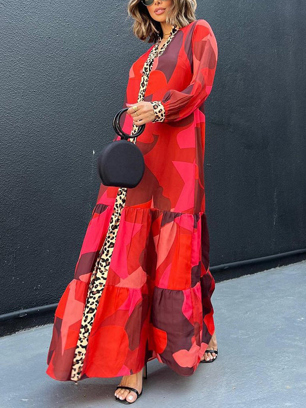 xakxx Long Sleeves Loose Leopard Pleated Printed Split-Joint V-Neck Maxi Dresses