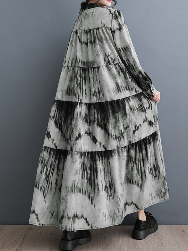 xakxx Long Sleeves Loose Pleated Split-Joint Tie-Dyed Stand Collar Midi Dresses