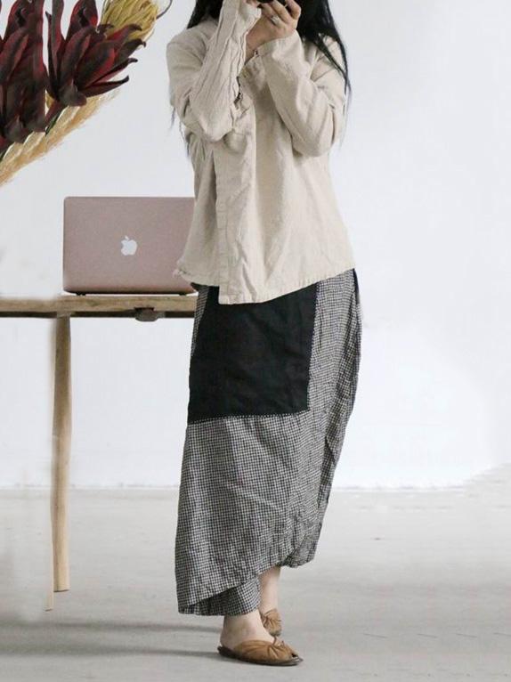 xakxx Vintage Plaid Split-joint Cropped Linen Pants