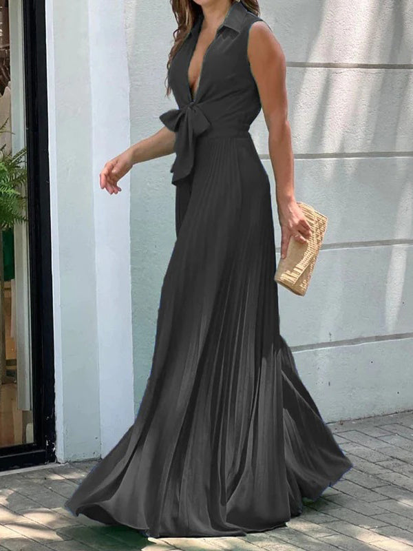 xakxx Simple Long Sleeves Lace-Up Pleated Solid Color Deep V-Neck Jumpsuits