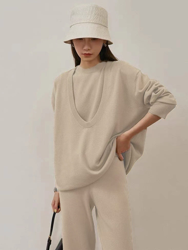 xakxx xakxx-Urban Loose Solid Round-Neck Vest Top& V-Neck Sweater Tops& Wide Leg Pants Three-Piece Set