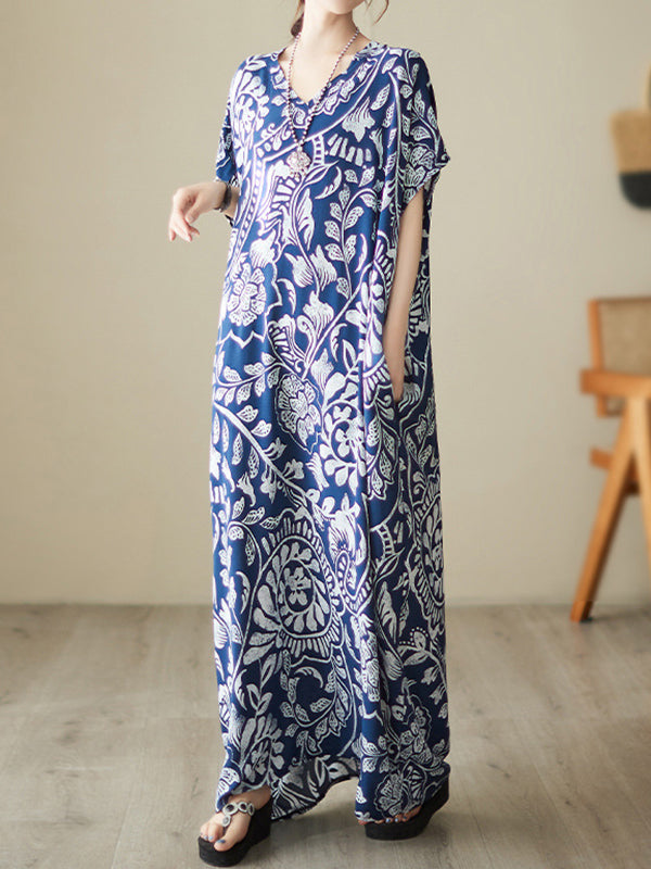 xakxx Loose Short Sleeves Printed V-Neck Maxi Dresses