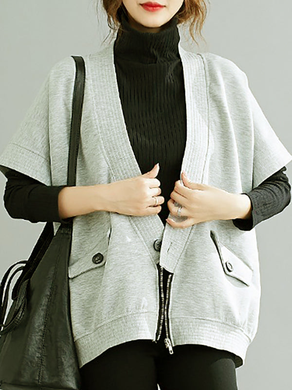 xakxx Batwing Sleeves Half Sleeves Zipper V-Neck Vest Top