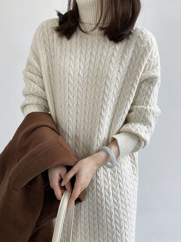 xakxx Stylish Loose Long Sleeves Solid Color High-Neck Twist Sweater Dresses