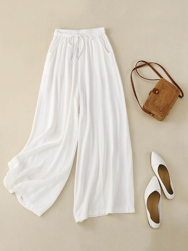 xakxx Loose Wide Leg Drawstring Solid Color Casual Pants Bottoms Trousers