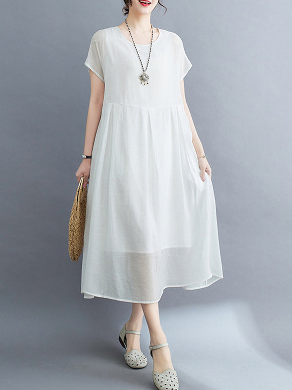 xakxx Loose Short Sleeves Solid Color Split-Joint Round-Neck Midi Dresses