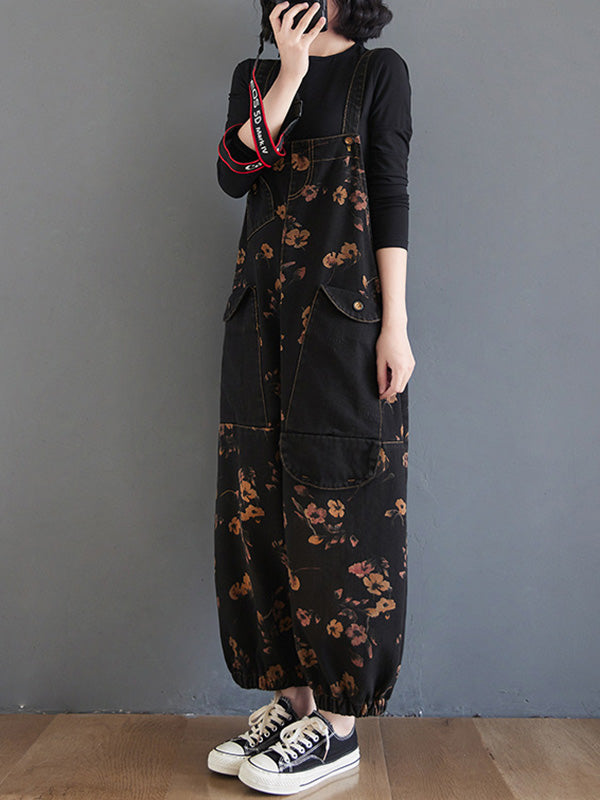 xakxx Original Floral With Pocket Harem Denim Overalls