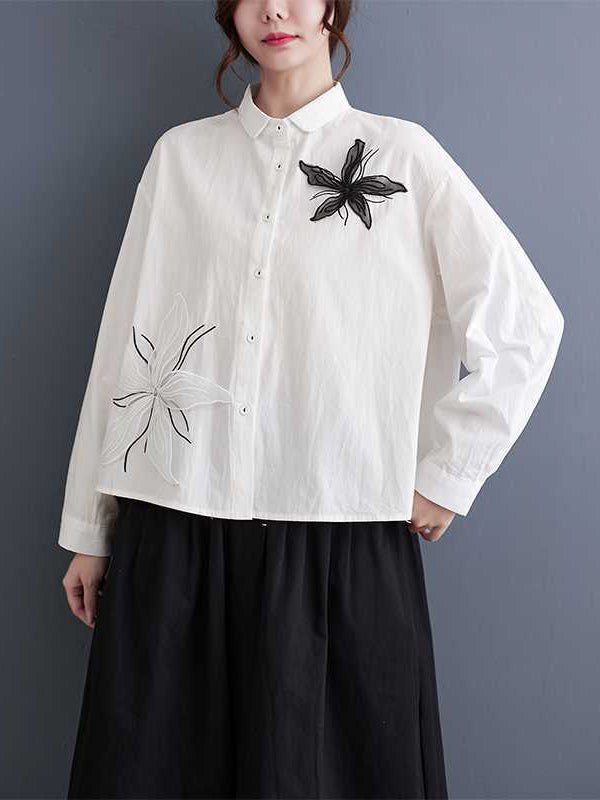 xakxx Long Sleeves Loose Applique Buttoned Embroidered Lapel Blouses&Shirts Tops