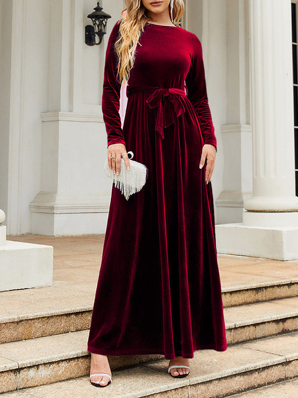 xakxx Long Sleeves Wrap Belted Pleated Solid Color Zipper Round-Neck Maxi Dresses