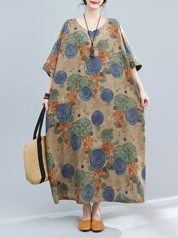 xakxx Casual Half Sleeves Loose Floral Printed Contrast Color Polka-Dot Round-Neck Midi Dresses