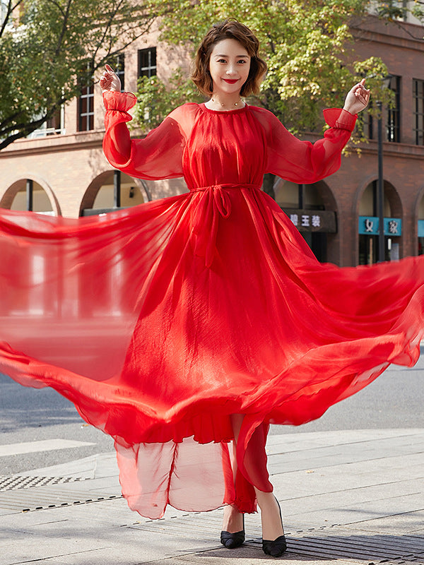 xakxx Artistic Retro Vintage Loose Solid Color Maxi Dress