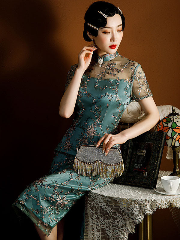 xakxx Vintage Tie-Dyed Hollow Beaded Split-Side Stand Collar Silk Cheongsam