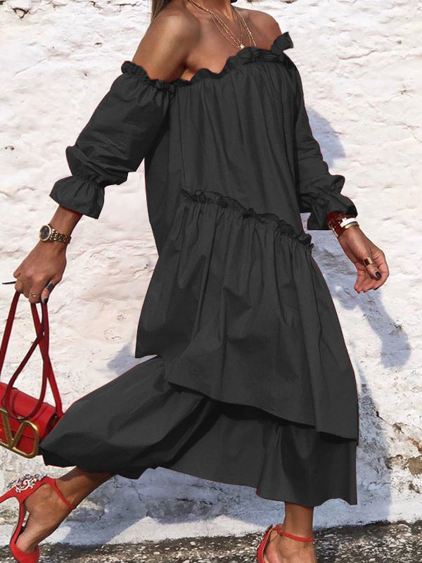 xakxx Loose Irregularity Falbala Solid Color Off-The-Shoulder Midi Dresses