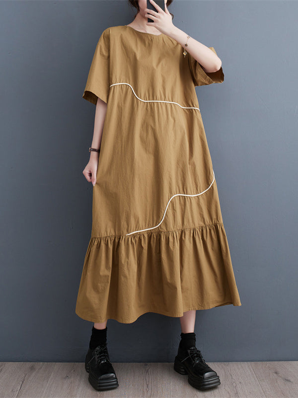 xakxx Loose Short Sleeves Pleated Split-Joint Round-Neck Midi Dresses