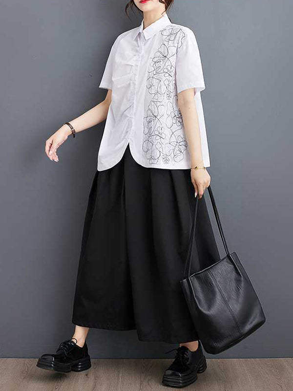 xakxx Irregularity Loose Buttoned Embroidered Pleated Lapel Collar Blouses&Shirts Tops