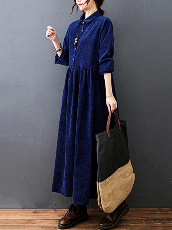 xakxx Vintage Split-Joint Solid Color Long Sleeves Lapel A-Line Corduroy Midi Dress