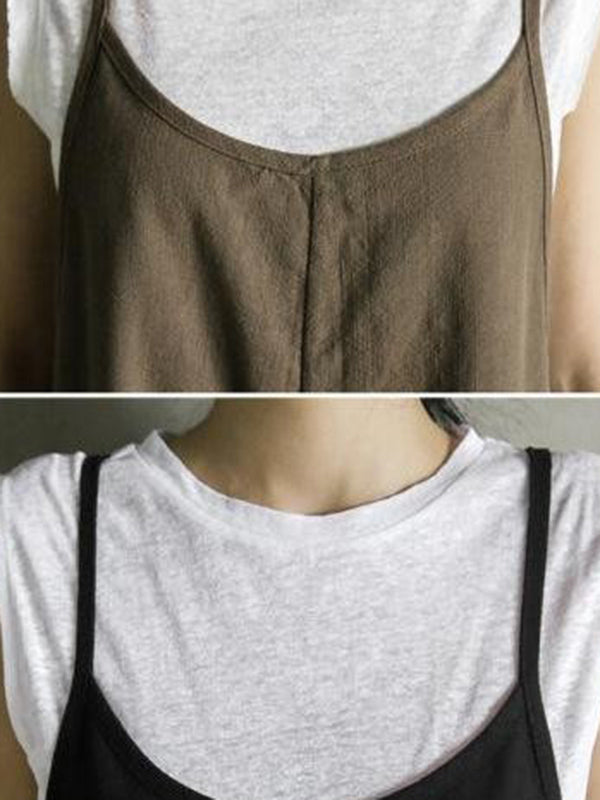 xakxx Black&Khaki Casual Spaghetti-Neck Loose Wide-Leg Overalls