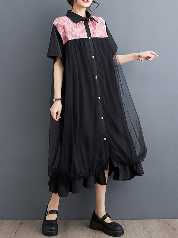 xakxx Loose Short Sleeves Falbala Printed Split-Joint Lapel Midi Dresses