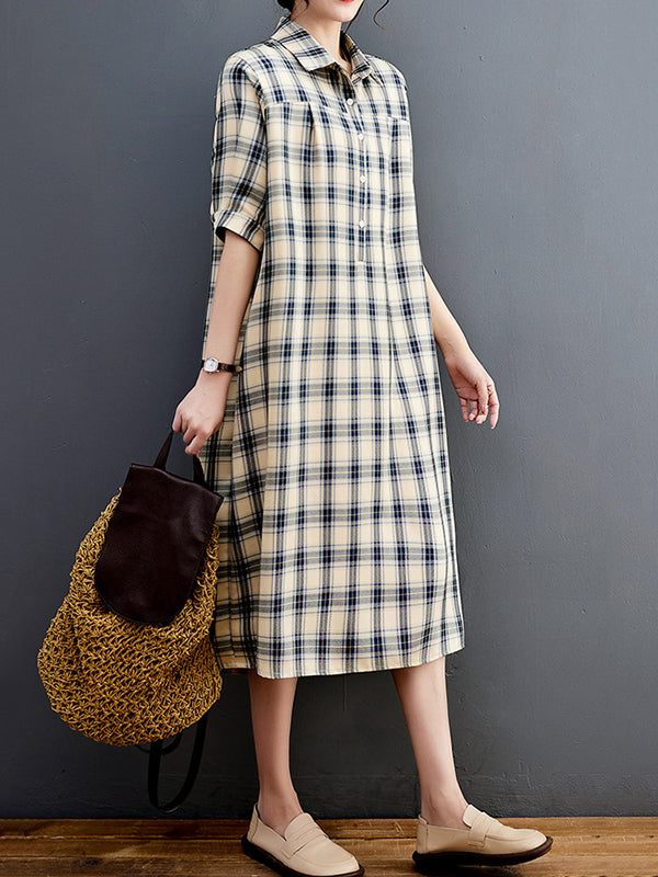 xakxx Half Sleeves Loose Plaid Lapel Midi Dresses