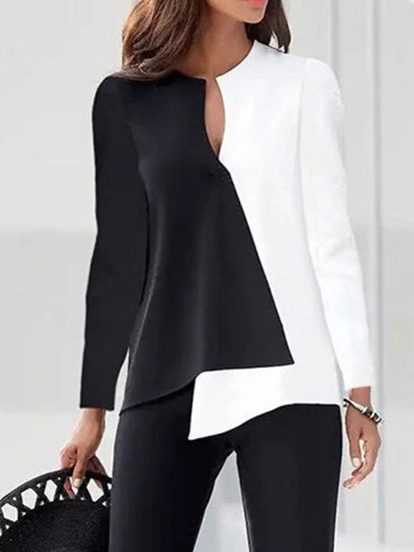 xakxx Long Sleeves Loose Contrast Color Split-Joint Round-Neck T-Shirts Tops