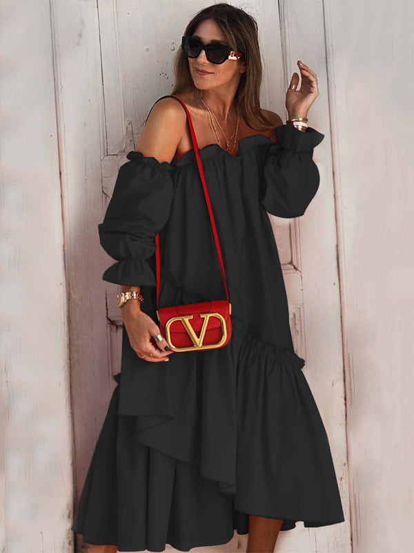 xakxx Loose Irregularity Falbala Solid Color Off-The-Shoulder Midi Dresses