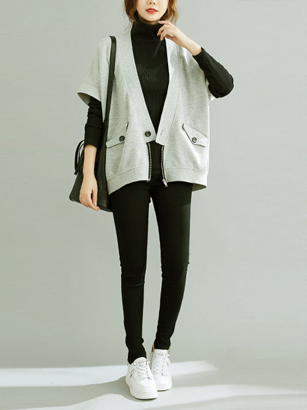 xakxx Batwing Sleeves Half Sleeves Zipper V-Neck Vest Top