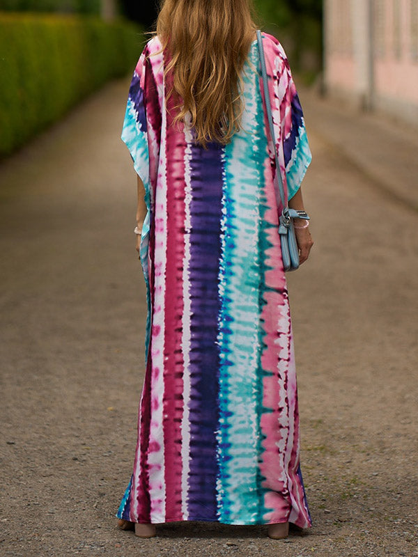 xakxx Batwing Sleeves Loose Contrast Color Printed Split-Side V-Neck Beach Cover-Up Maxi Dresses