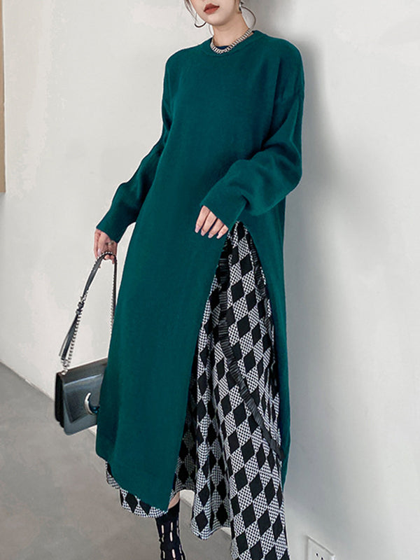 xakxx Long Sleeves Loose Solid Color Split-side Round-neck Sweater Tops