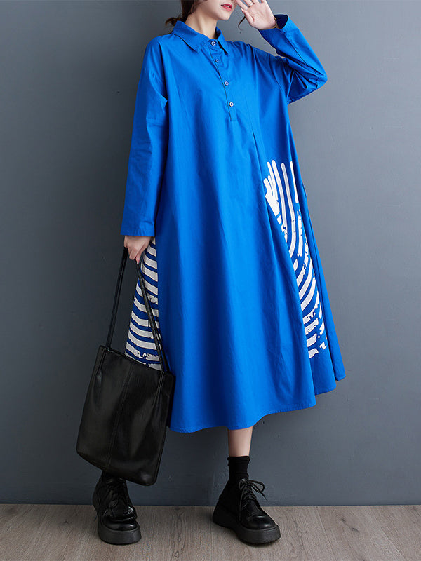 xakxx A-Line Long Sleeves Asymmetric Buttoned Pleated Printed Split-Joint Lapel Midi Dresses Shirt Dress