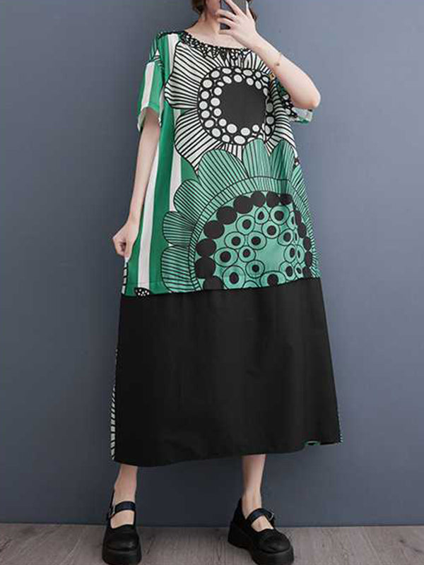 xakxx A-Line Loose Flower Print Pockets Split-Joint Round-Neck Midi Dresses