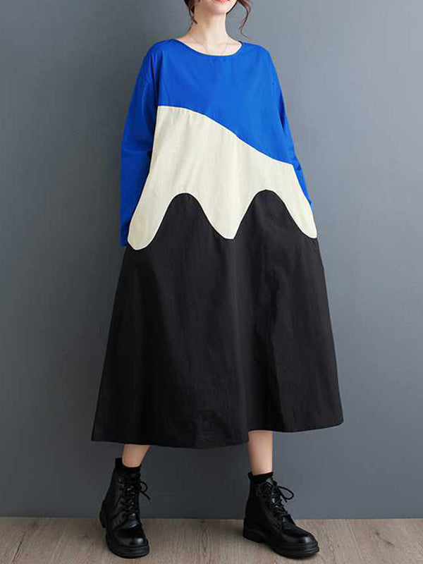 xakxx A-Line Long Sleeves Contrast Color Round-Neck Midi Dresses