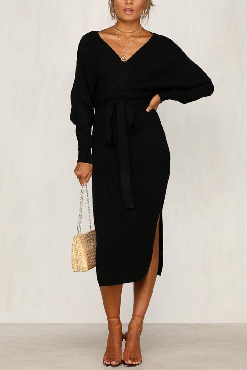 Xakxx V Neck Backless Sweater Dress(5 Colors)