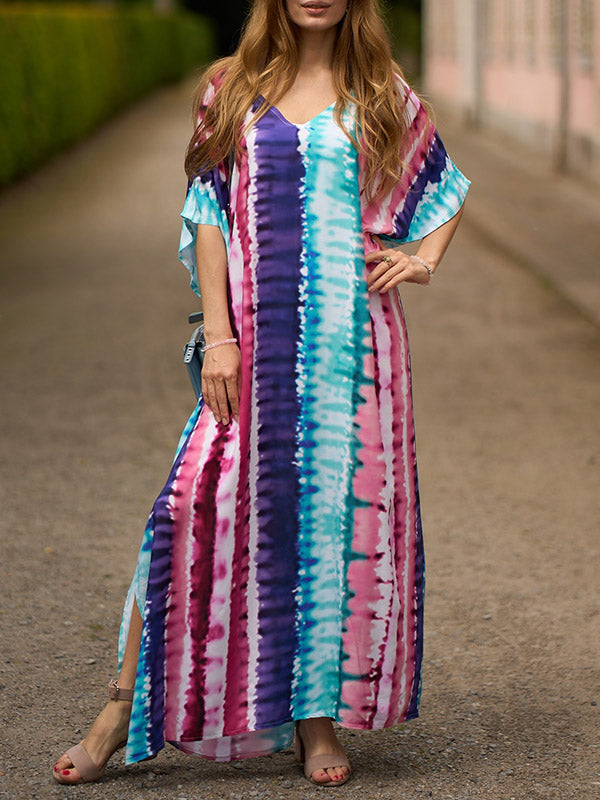 xakxx Batwing Sleeves Loose Contrast Color Printed Split-Side V-Neck Beach Cover-Up Maxi Dresses