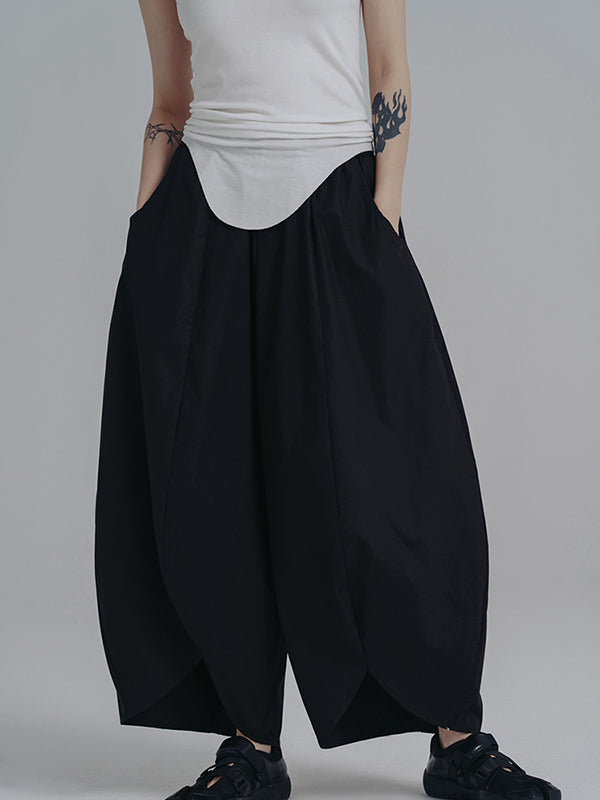 xakxx Simple Loose Elasticity Waist Wide Leg Solid Color Pants
