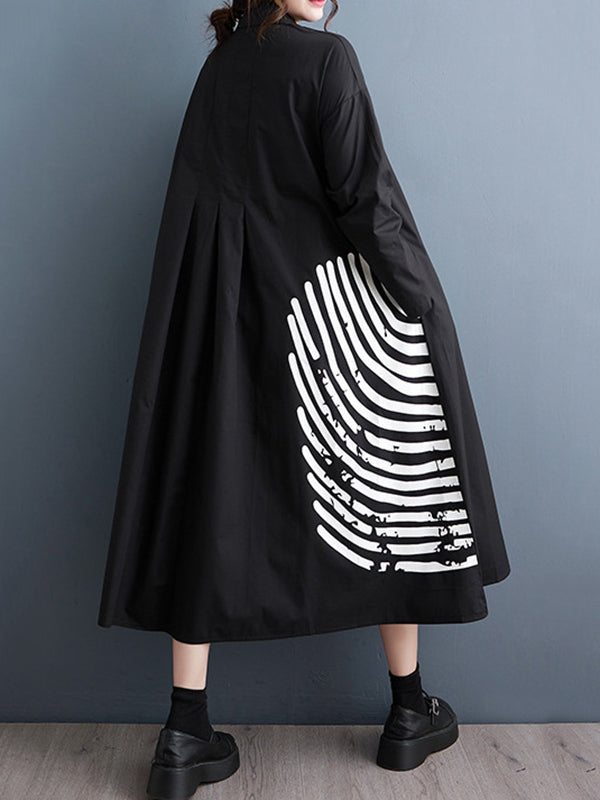 xakxx A-Line Long Sleeves Asymmetric Buttoned Pleated Printed Split-Joint Lapel Midi Dresses Shirt Dress