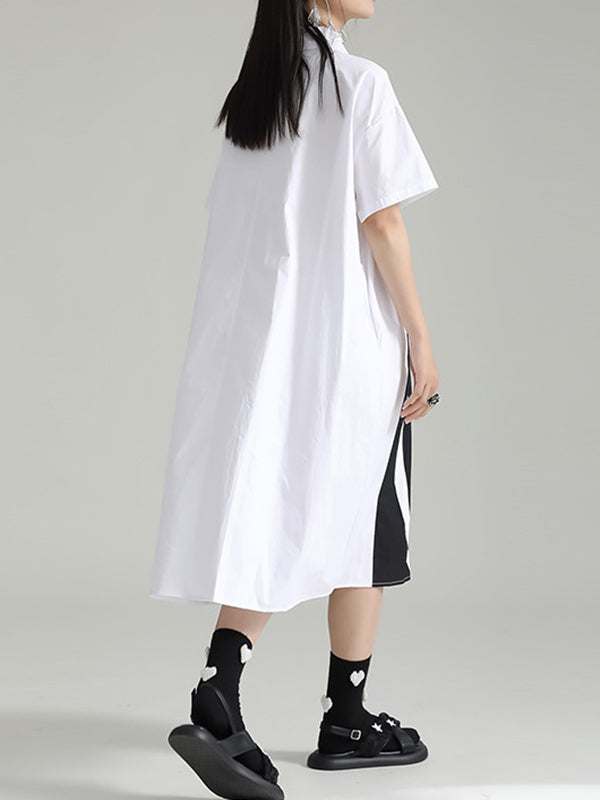 xakxx Loose Short Sleeves Asymmetric Contrast Color Split-Joint Lapel Midi Dresses Shirt Dress