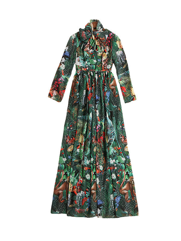 xakxx High Waisted Long Sleeves Bowknot Elasticity Flower Print Zipper Round-Neck Maxi Dresses