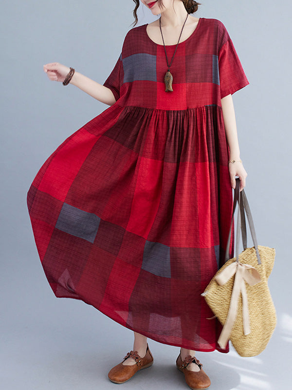 xakxx Artistic Retro Loose Color-Block Pleated Round-Neck Half Sleeves Midi Dress